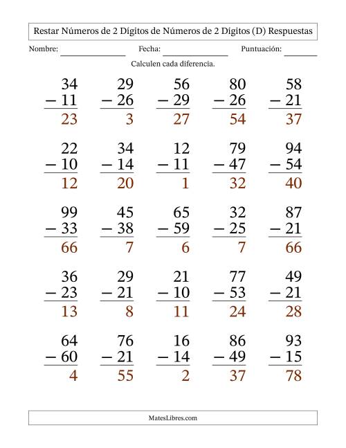 La hoja de ejercicios de Restar números de 2 dígitos de números de 2 dígitos, con acarreo en algunas preguntas (25 preguntas) - Formato Grande (D) Página 2