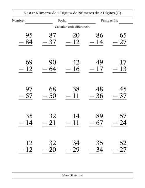 La hoja de ejercicios de Restar números de 2 dígitos de números de 2 dígitos, con acarreo en algunas preguntas (25 preguntas) - Formato Grande (E)
