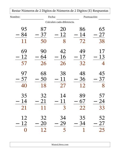La hoja de ejercicios de Restar números de 2 dígitos de números de 2 dígitos, con acarreo en algunas preguntas (25 preguntas) - Formato Grande (E) Página 2