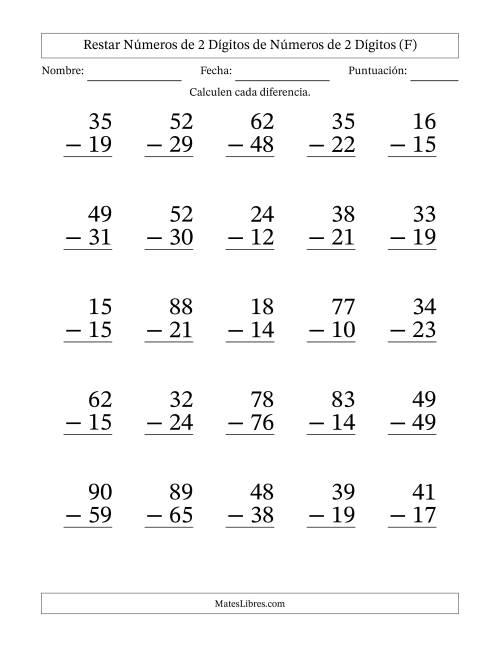 La hoja de ejercicios de Restar números de 2 dígitos de números de 2 dígitos, con acarreo en algunas preguntas (25 preguntas) - Formato Grande (F)