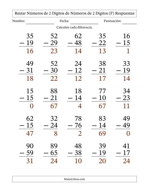 La hoja de ejercicios de Restar números de 2 dígitos de números de 2 dígitos, con acarreo en algunas preguntas (25 preguntas) - Formato Grande (F) Página 2