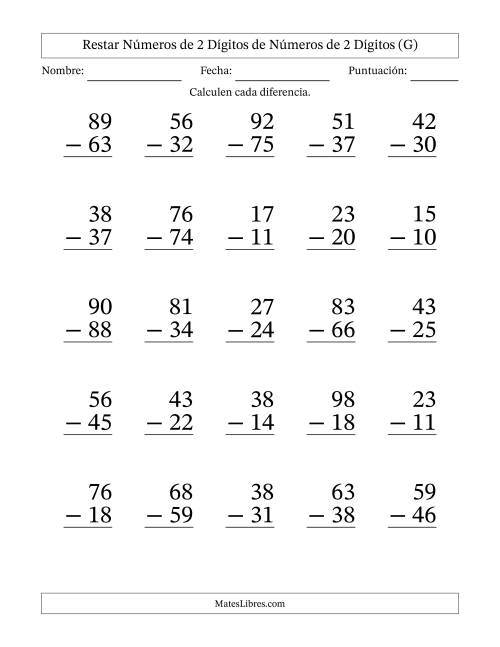 La hoja de ejercicios de Restar números de 2 dígitos de números de 2 dígitos, con acarreo en algunas preguntas (25 preguntas) - Formato Grande (G)
