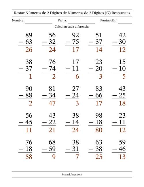 La hoja de ejercicios de Restar números de 2 dígitos de números de 2 dígitos, con acarreo en algunas preguntas (25 preguntas) - Formato Grande (G) Página 2