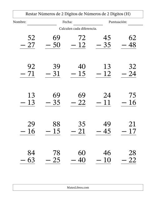 La hoja de ejercicios de Restar números de 2 dígitos de números de 2 dígitos, con acarreo en algunas preguntas (25 preguntas) - Formato Grande (H)
