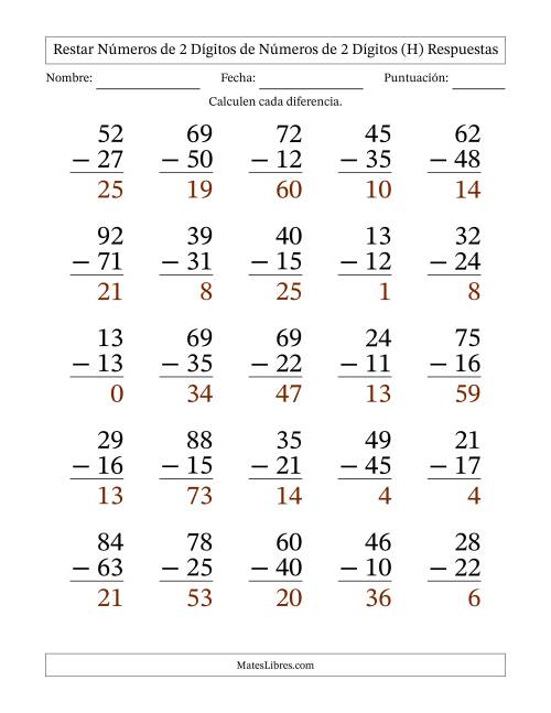 La hoja de ejercicios de Restar números de 2 dígitos de números de 2 dígitos, con acarreo en algunas preguntas (25 preguntas) - Formato Grande (H) Página 2