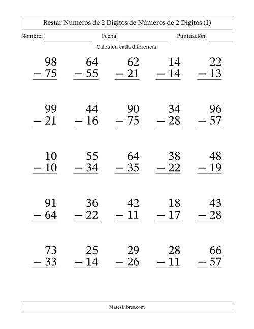 La hoja de ejercicios de Restar números de 2 dígitos de números de 2 dígitos, con acarreo en algunas preguntas (25 preguntas) - Formato Grande (I)