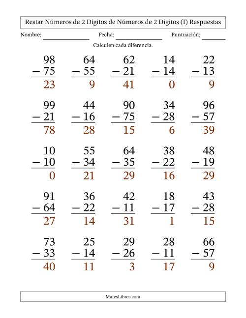 La hoja de ejercicios de Restar números de 2 dígitos de números de 2 dígitos, con acarreo en algunas preguntas (25 preguntas) - Formato Grande (I) Página 2