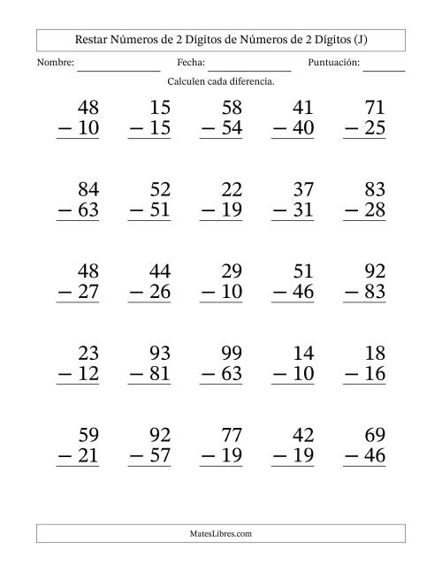 La hoja de ejercicios de Restar números de 2 dígitos de números de 2 dígitos, con acarreo en algunas preguntas (25 preguntas) - Formato Grande (J)