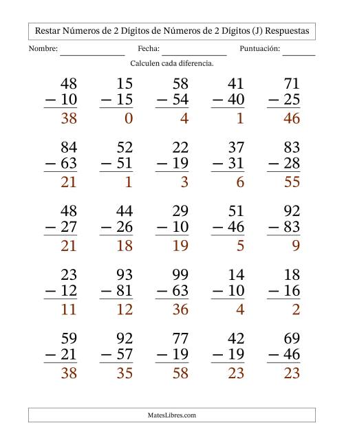 La hoja de ejercicios de Restar números de 2 dígitos de números de 2 dígitos, con acarreo en algunas preguntas (25 preguntas) - Formato Grande (J) Página 2