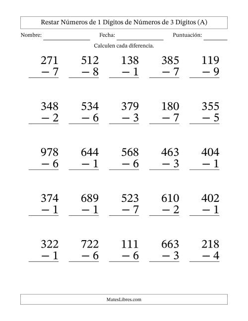 La hoja de ejercicios de Restar números de 1 dígitos de números de 3 dígitos, con acarreo en algunas preguntas (25 preguntas) - Formato Grande (A)