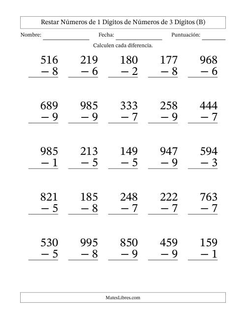 La hoja de ejercicios de Restar números de 1 dígitos de números de 3 dígitos, con acarreo en algunas preguntas (25 preguntas) - Formato Grande (B)