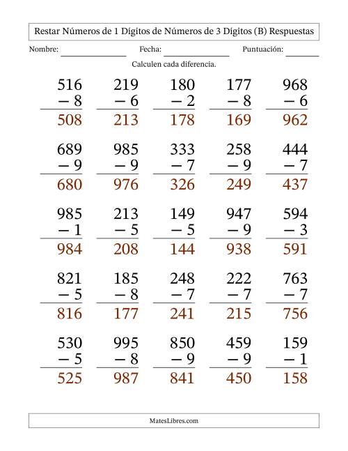 La hoja de ejercicios de Restar números de 1 dígitos de números de 3 dígitos, con acarreo en algunas preguntas (25 preguntas) - Formato Grande (B) Página 2