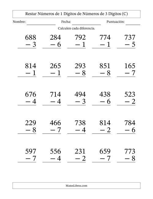 La hoja de ejercicios de Restar números de 1 dígitos de números de 3 dígitos, con acarreo en algunas preguntas (25 preguntas) - Formato Grande (C)
