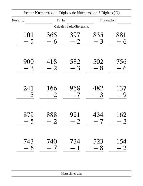 La hoja de ejercicios de Restar números de 1 dígitos de números de 3 dígitos, con acarreo en algunas preguntas (25 preguntas) - Formato Grande (D)
