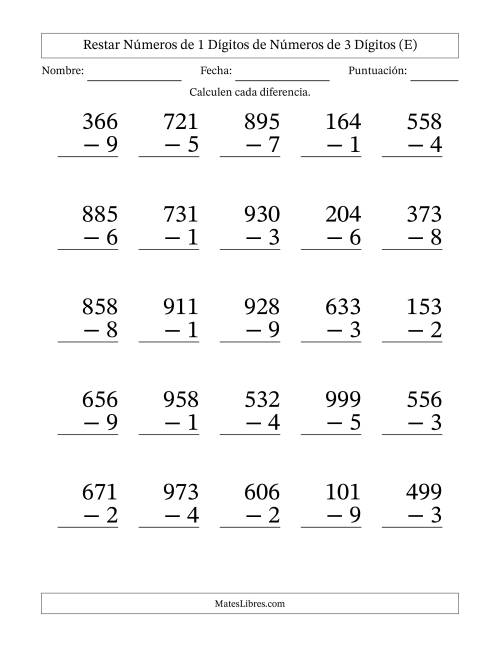 La hoja de ejercicios de Restar números de 1 dígitos de números de 3 dígitos, con acarreo en algunas preguntas (25 preguntas) - Formato Grande (E)