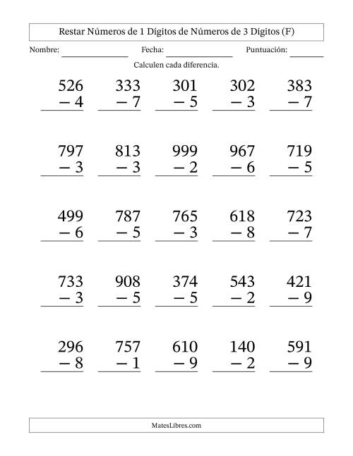 La hoja de ejercicios de Restar números de 1 dígitos de números de 3 dígitos, con acarreo en algunas preguntas (25 preguntas) - Formato Grande (F)