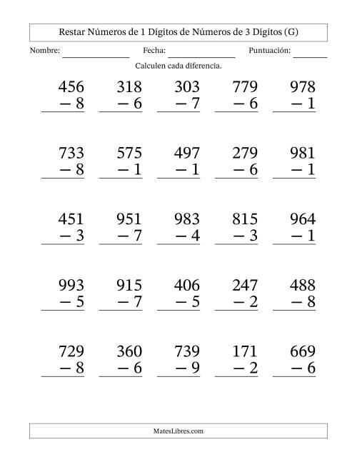 La hoja de ejercicios de Restar números de 1 dígitos de números de 3 dígitos, con acarreo en algunas preguntas (25 preguntas) - Formato Grande (G)