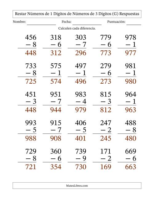 La hoja de ejercicios de Restar números de 1 dígitos de números de 3 dígitos, con acarreo en algunas preguntas (25 preguntas) - Formato Grande (G) Página 2
