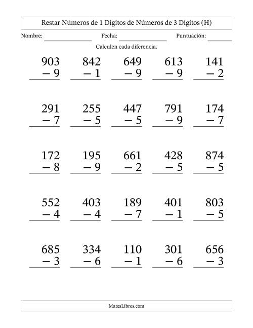 La hoja de ejercicios de Restar números de 1 dígitos de números de 3 dígitos, con acarreo en algunas preguntas (25 preguntas) - Formato Grande (H)