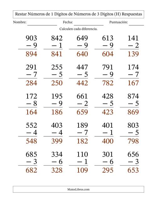 La hoja de ejercicios de Restar números de 1 dígitos de números de 3 dígitos, con acarreo en algunas preguntas (25 preguntas) - Formato Grande (H) Página 2