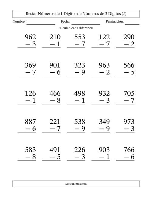 La hoja de ejercicios de Restar números de 1 dígitos de números de 3 dígitos, con acarreo en algunas preguntas (25 preguntas) - Formato Grande (J)