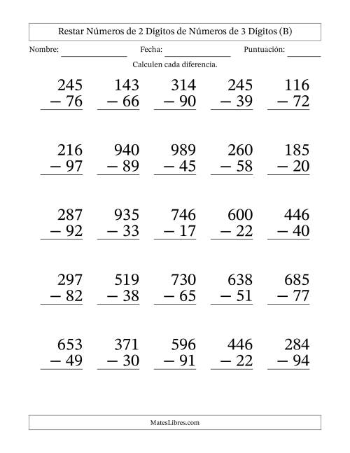 La hoja de ejercicios de Restar números de 2 dígitos de números de 3 dígitos, con acarreo en algunas preguntas (25 preguntas) - Formato Grande (B)