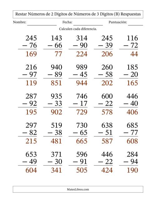 La hoja de ejercicios de Restar números de 2 dígitos de números de 3 dígitos, con acarreo en algunas preguntas (25 preguntas) - Formato Grande (B) Página 2