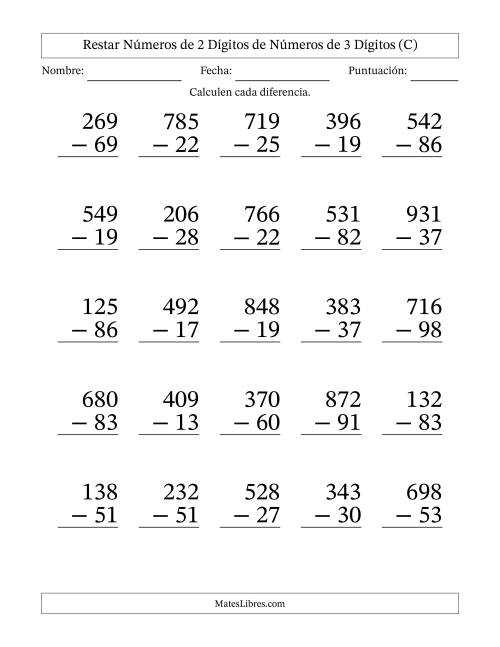 La hoja de ejercicios de Restar números de 2 dígitos de números de 3 dígitos, con acarreo en algunas preguntas (25 preguntas) - Formato Grande (C)
