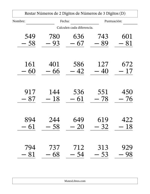 La hoja de ejercicios de Restar números de 2 dígitos de números de 3 dígitos, con acarreo en algunas preguntas (25 preguntas) - Formato Grande (D)