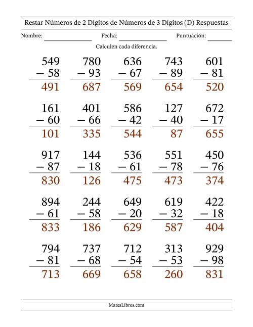 La hoja de ejercicios de Restar números de 2 dígitos de números de 3 dígitos, con acarreo en algunas preguntas (25 preguntas) - Formato Grande (D) Página 2