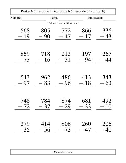 La hoja de ejercicios de Restar números de 2 dígitos de números de 3 dígitos, con acarreo en algunas preguntas (25 preguntas) - Formato Grande (E)