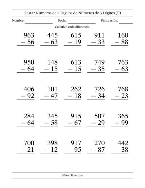 La hoja de ejercicios de Restar números de 2 dígitos de números de 3 dígitos, con acarreo en algunas preguntas (25 preguntas) - Formato Grande (F)