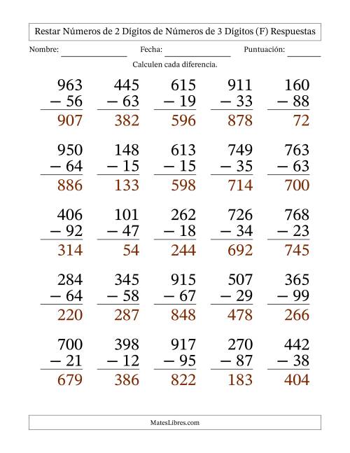 La hoja de ejercicios de Restar números de 2 dígitos de números de 3 dígitos, con acarreo en algunas preguntas (25 preguntas) - Formato Grande (F) Página 2