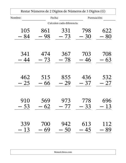 La hoja de ejercicios de Restar números de 2 dígitos de números de 3 dígitos, con acarreo en algunas preguntas (25 preguntas) - Formato Grande (G)