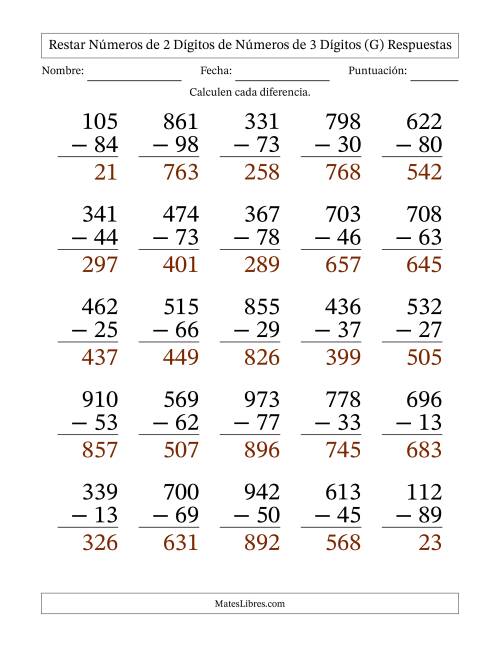 La hoja de ejercicios de Restar números de 2 dígitos de números de 3 dígitos, con acarreo en algunas preguntas (25 preguntas) - Formato Grande (G) Página 2
