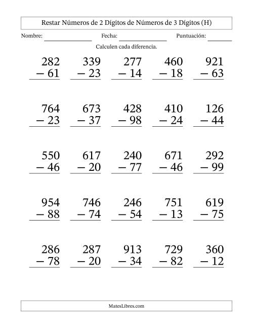 La hoja de ejercicios de Restar números de 2 dígitos de números de 3 dígitos, con acarreo en algunas preguntas (25 preguntas) - Formato Grande (H)