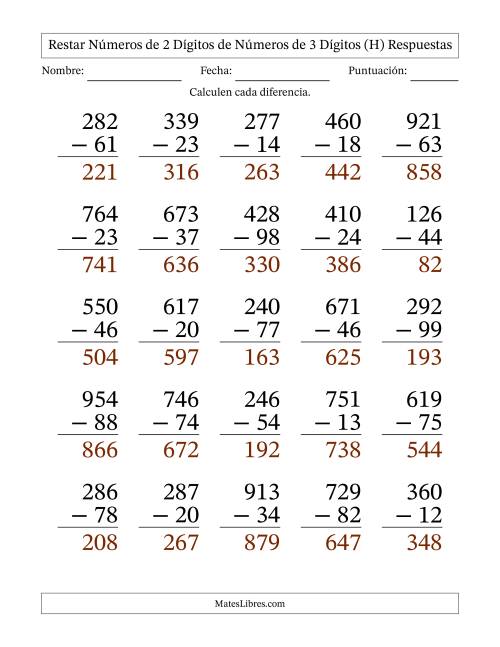 La hoja de ejercicios de Restar números de 2 dígitos de números de 3 dígitos, con acarreo en algunas preguntas (25 preguntas) - Formato Grande (H) Página 2