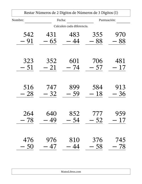 La hoja de ejercicios de Restar números de 2 dígitos de números de 3 dígitos, con acarreo en algunas preguntas (25 preguntas) - Formato Grande (I)