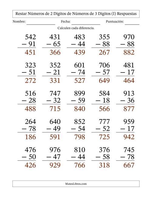 La hoja de ejercicios de Restar números de 2 dígitos de números de 3 dígitos, con acarreo en algunas preguntas (25 preguntas) - Formato Grande (I) Página 2