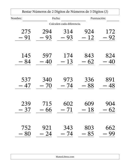 La hoja de ejercicios de Restar números de 2 dígitos de números de 3 dígitos, con acarreo en algunas preguntas (25 preguntas) - Formato Grande (J)