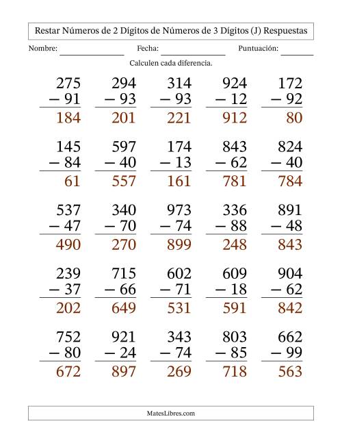 La hoja de ejercicios de Restar números de 2 dígitos de números de 3 dígitos, con acarreo en algunas preguntas (25 preguntas) - Formato Grande (J) Página 2