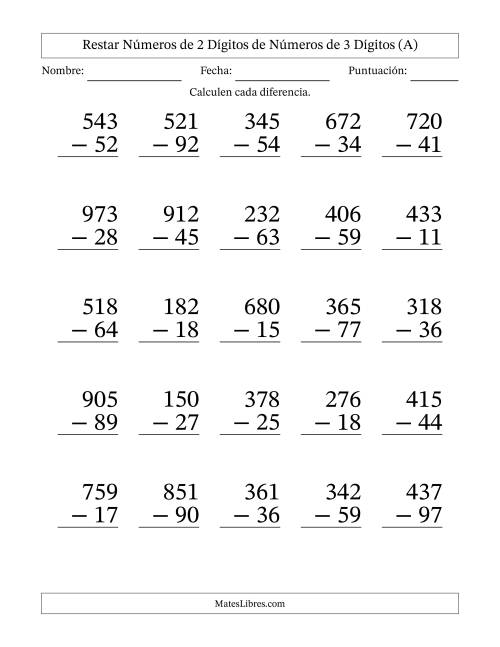 La hoja de ejercicios de Restar números de 2 dígitos de números de 3 dígitos, con acarreo en algunas preguntas (25 preguntas) - Formato Grande (Todas)