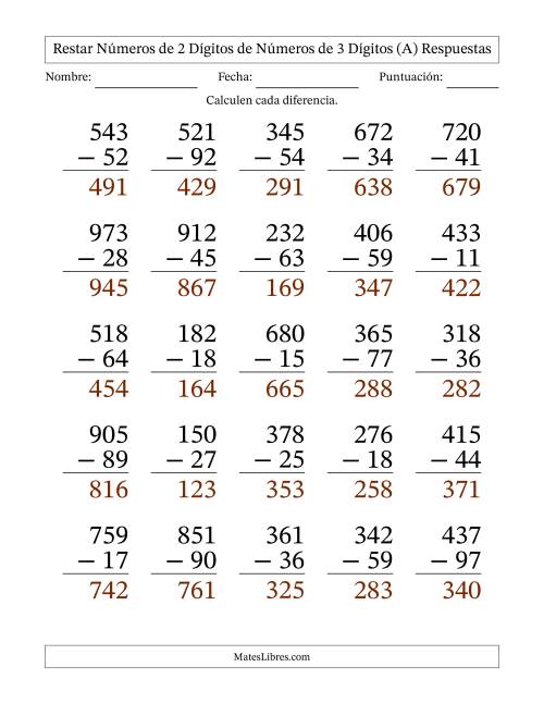 La hoja de ejercicios de Restar números de 2 dígitos de números de 3 dígitos, con acarreo en algunas preguntas (25 preguntas) - Formato Grande (Todas) Página 2