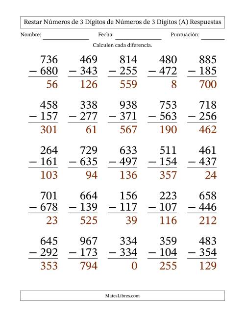 La hoja de ejercicios de Restar números de 3 dígitos de números de 3 dígitos, con acarreo en algunas preguntas (25 preguntas) - Formato Grande (A) Página 2