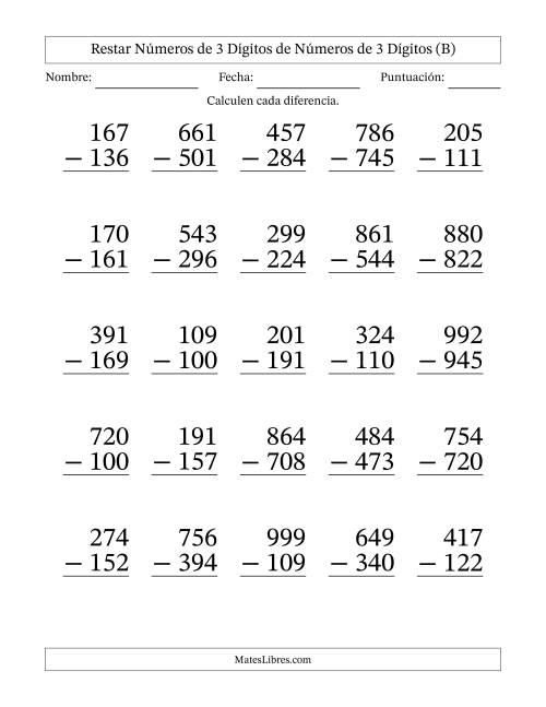 La hoja de ejercicios de Restar números de 3 dígitos de números de 3 dígitos, con acarreo en algunas preguntas (25 preguntas) - Formato Grande (B)