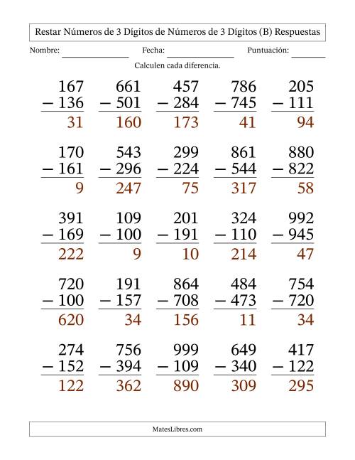 La hoja de ejercicios de Restar números de 3 dígitos de números de 3 dígitos, con acarreo en algunas preguntas (25 preguntas) - Formato Grande (B) Página 2