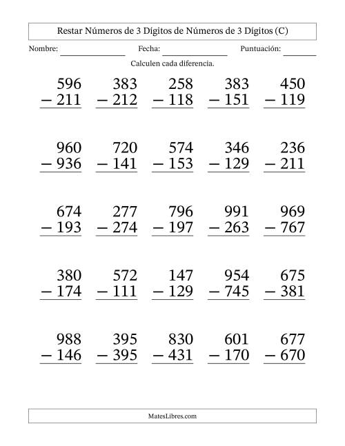La hoja de ejercicios de Restar números de 3 dígitos de números de 3 dígitos, con acarreo en algunas preguntas (25 preguntas) - Formato Grande (C)