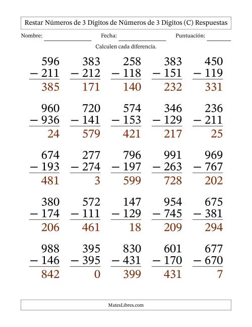 La hoja de ejercicios de Restar números de 3 dígitos de números de 3 dígitos, con acarreo en algunas preguntas (25 preguntas) - Formato Grande (C) Página 2