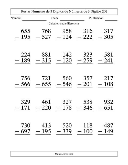La hoja de ejercicios de Restar números de 3 dígitos de números de 3 dígitos, con acarreo en algunas preguntas (25 preguntas) - Formato Grande (D)