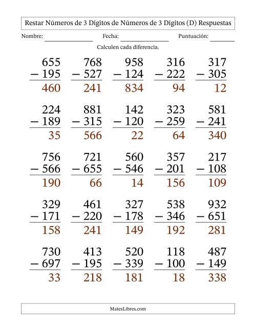La hoja de ejercicios de Restar números de 3 dígitos de números de 3 dígitos, con acarreo en algunas preguntas (25 preguntas) - Formato Grande (D) Página 2